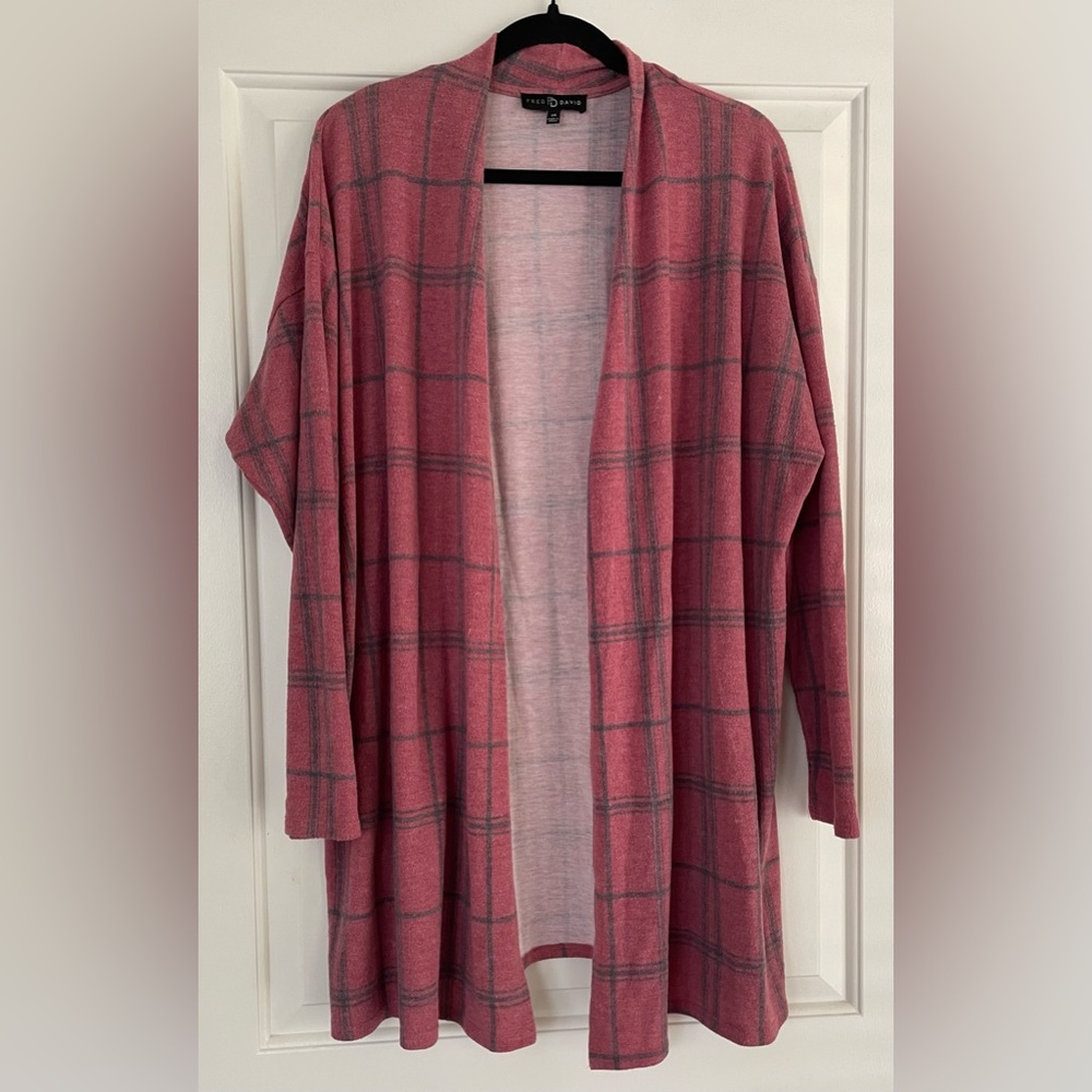 Fred David Women’s Festive Red Plaid Open-Front Cardigan